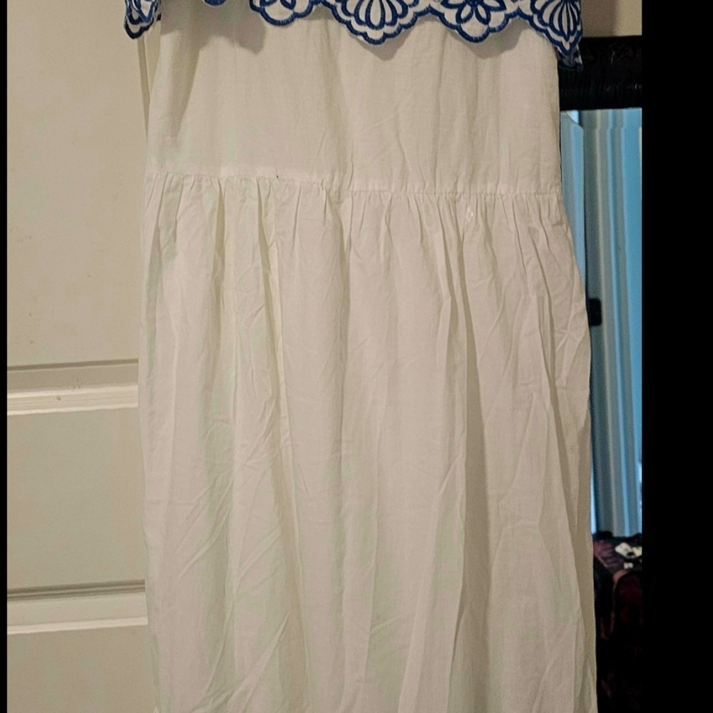 White Dress with Blue Floral Trim